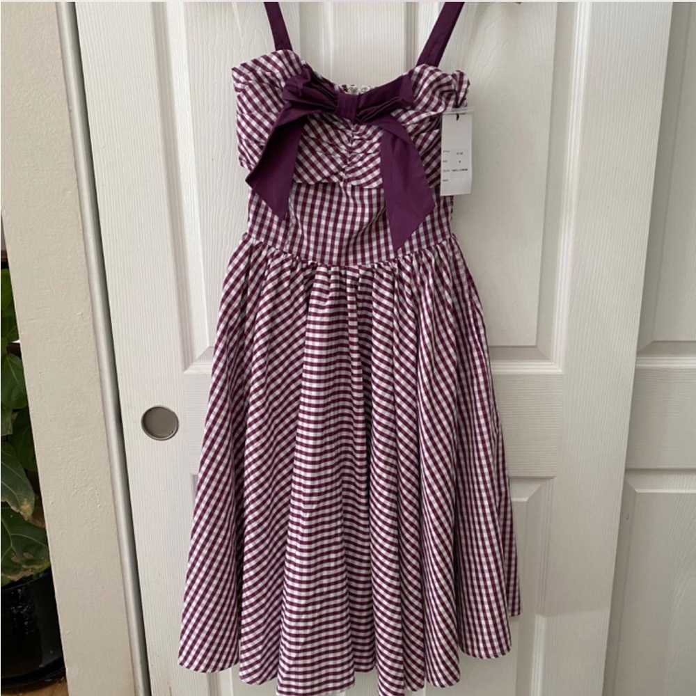 Unique Vintage Gingham Purple Bow Swing Dress